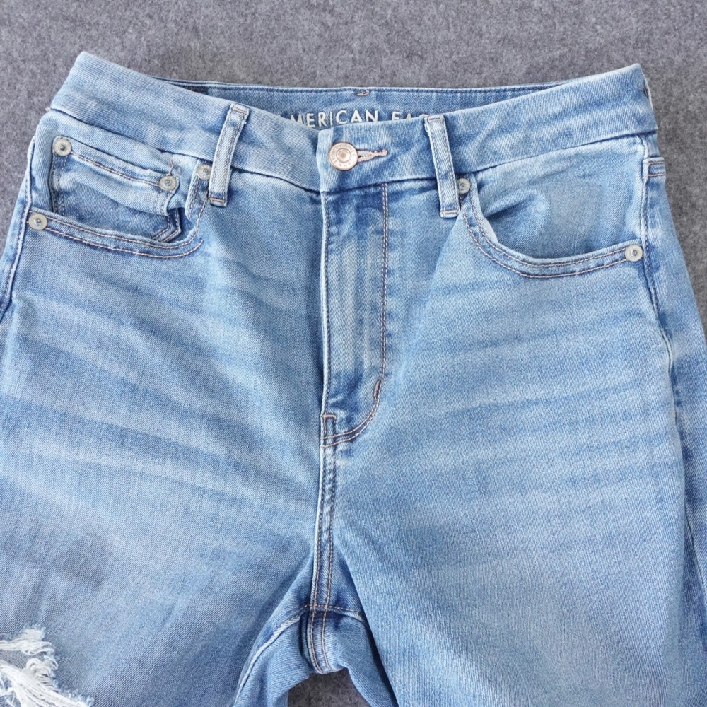 American Eagle Curvy Super High-Rise Flare Distressed Jeans Light Wash Blue - Picture 2 of 13